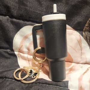 Black Tumbler Keychain with Butterfly Gold Accents